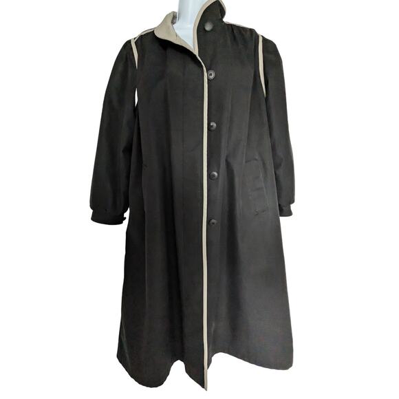 Women’s Black Contrast Trim Button Front Coat Mid-Length Trench Style - Picture 6 of 14